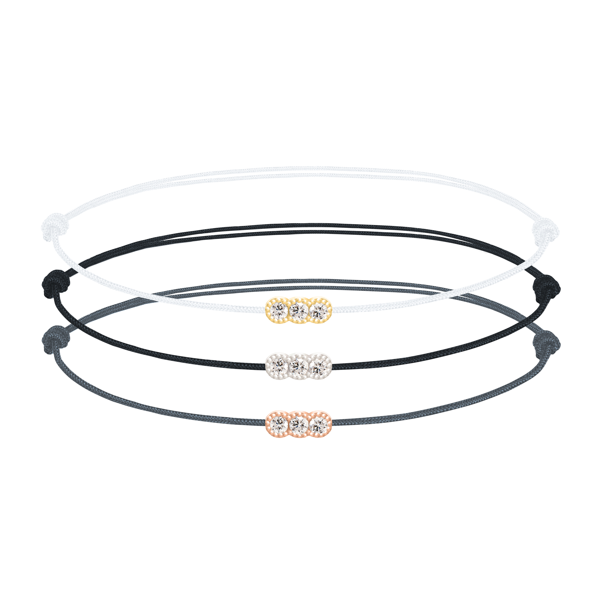 Bracelet diamants sur cordon Trilogie Perlée 0,03 carat | Or 18k