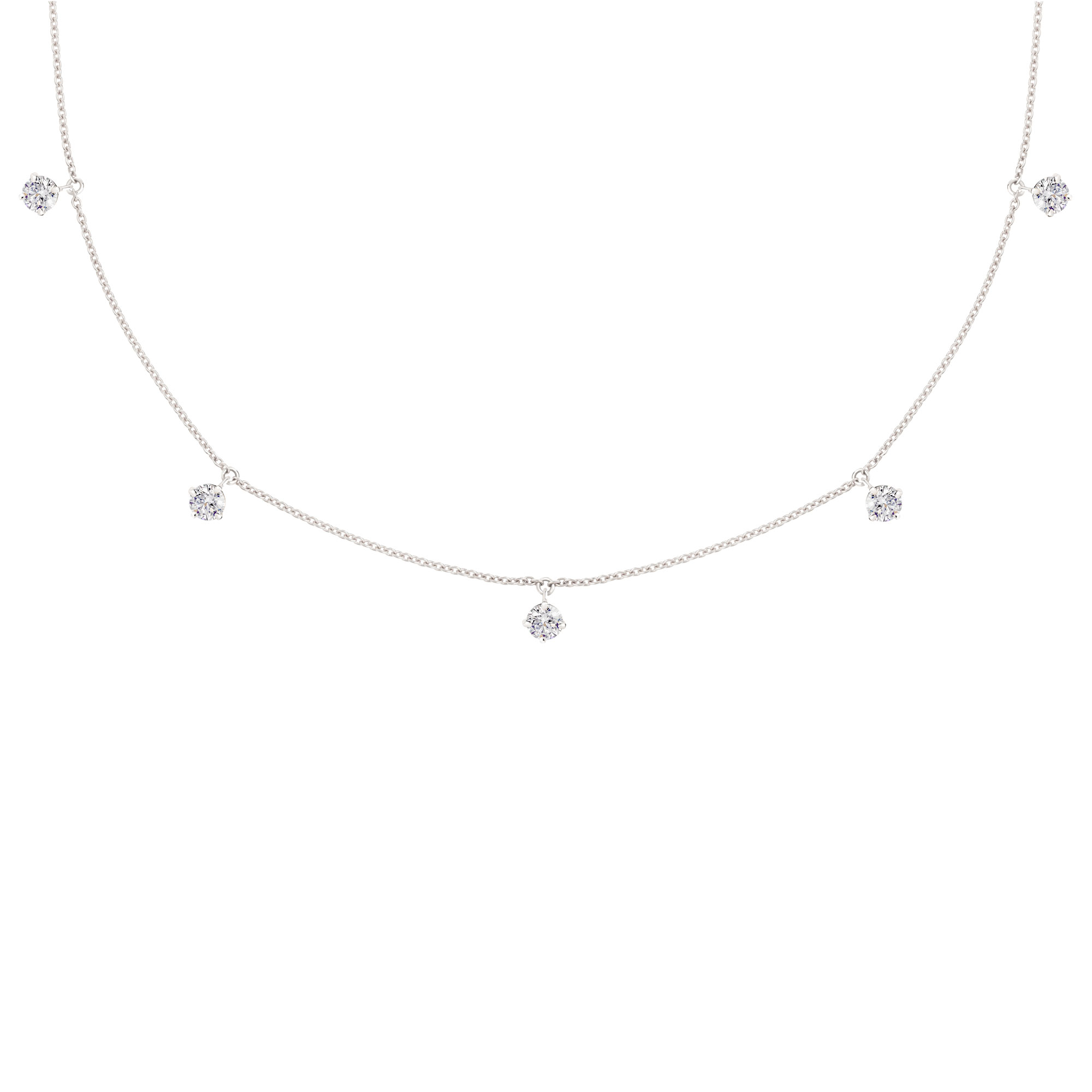 une chaîne en or avec 5 diamants naturels montés sur griffes tout au long du collier.